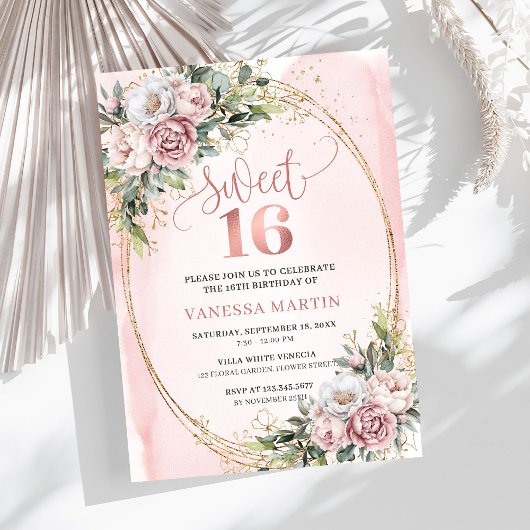 Elegant Dusty Pink Floral Greenery Sweet Sixteen  Einladung