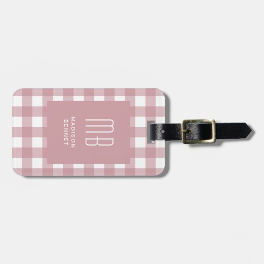 Elegant Dusty Pink Gingham Monogram Gepäckanhänger (Vorderseite horizontal)