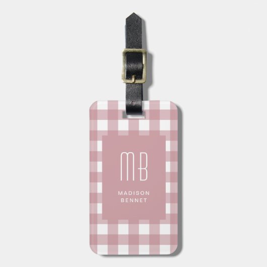 Elegant Dusty Pink Gingham Monogram Gepäckanhänger (Vorderseite vertikal)