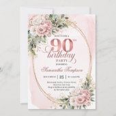 Elegant Dusty Pink Gold Greenery 90th Birthday Einladung (Vorderseite)