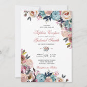 Elegant Dusty Pink Peach Blue Floral Wedding Einladung (Vorderseite)