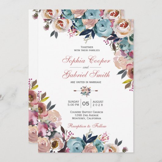 Elegant Dusty Pink Peach Blue Floral Wedding Einladung (Vorne/Hinten)