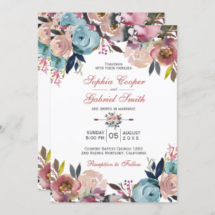Elegant Dusty Pink Peach Blue Floral Wedding Einladung
