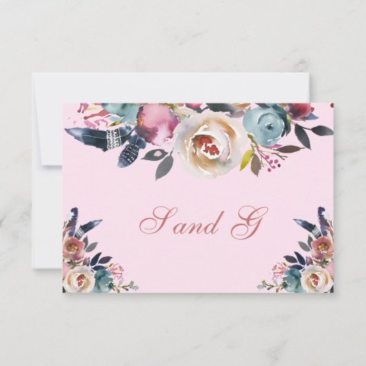 Elegant Dusty Pink Peach Blue Floral Wedding RSVP (Rückseite)