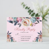 Elegant Dusty Pink Peach Blue Floral Wedding RSVP Karte (Stehend Vorderseite)