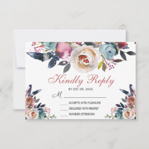 Elegant Dusty Pink Peach Blue Floral Wedding RSVP Karte