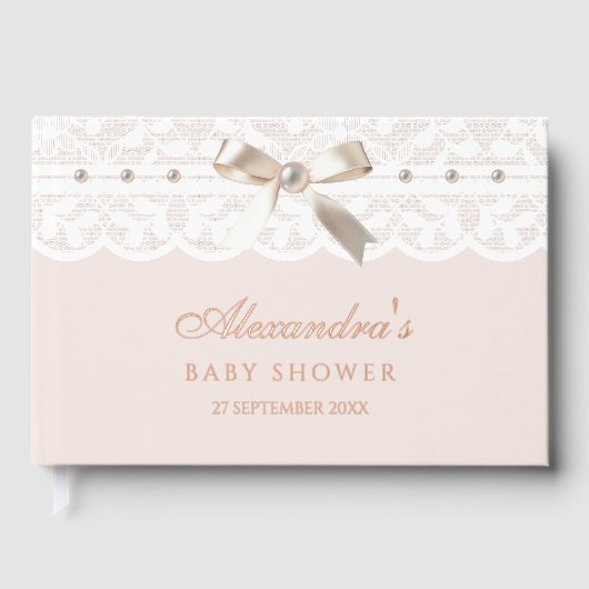Elegant Dusty Pink Pearls Bow Lace Baby Shower Gästebuch (Vorderseite)
