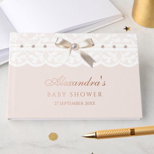 Elegant Dusty Pink Pearls Bow Lace Baby Shower Gästebuch