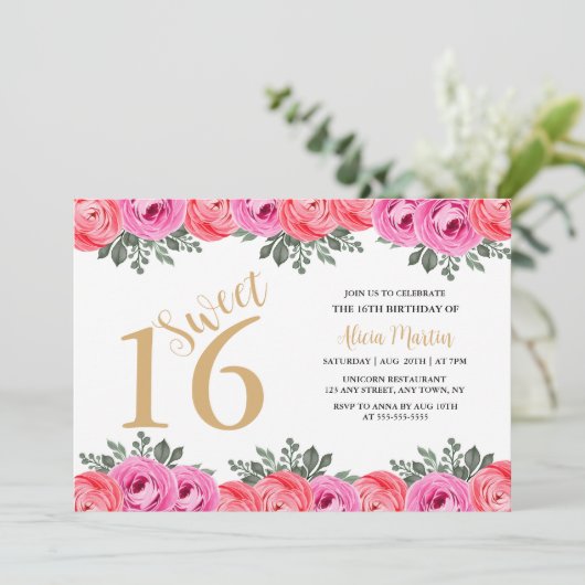 Elegant Dusty Pink Rose Flora Gold Sweet 16 Einladung (Stehend Vorderseite)