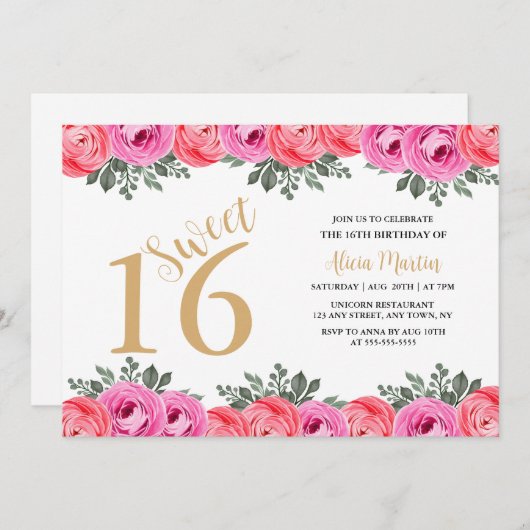 Elegant Dusty Pink Rose Flora Gold Sweet 16 Einladung (Vorne/Hinten)