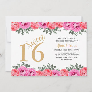 Elegant Dusty Pink Rose Flora Gold Sweet 16 Einladung