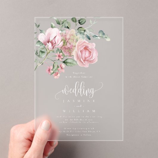 Elegant Dusty Pink Rose Floral Wedding Acryleinladungen (Insitu (Handheld))