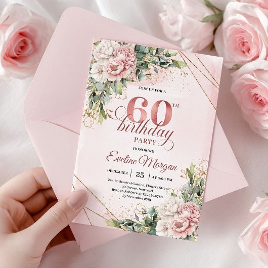 Elegant Dusty Pink Rose Gold 60th Birthday Invite Einladung