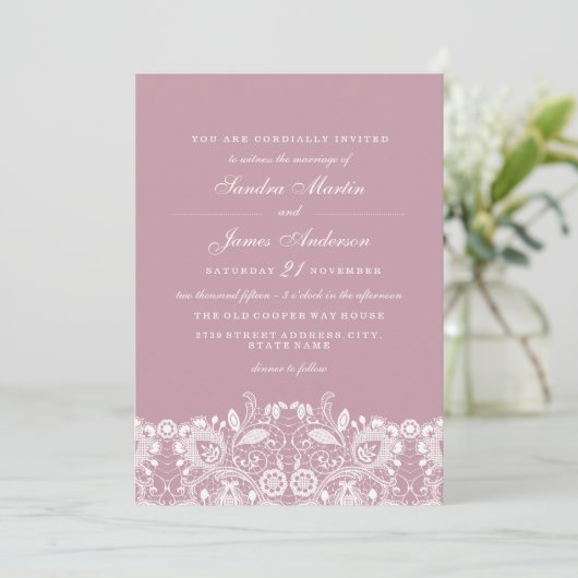 Elegant Dusty Pink White Lace Wedding Einladung (Stehend Vorderseite)