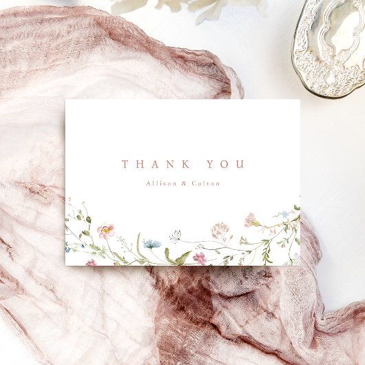 Elegant Dusty Pink Wildblume Rustic Boho Wedding Dankeskarte