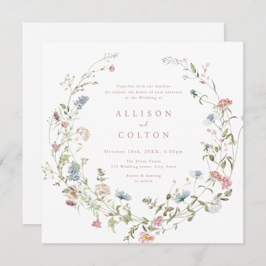 Elegant Dusty Pink Wildblume Rustic Boho Wedding Einladung (Vorne/Hinten)