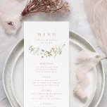 Elegant Dusty Pink Wildblume Rustic Boho Wedding Menükarte<br><div class="desc">Elegantes,  zartes Design der Aquarellfarben,  mit individuellen Wildblumen. Pastellfarben in sanftem Rosatinrot,  weißlich,  beige,  staubblau,  staubtrosa,  botanisches Grün,  einfach und romantisch. Große Blumenmenüs für moderne rustikale Hochzeiten,  Hochzeiten im Garten und Hochzeiten im Frühling und Sommer.</div>