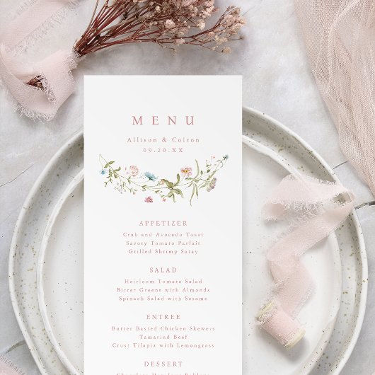 Elegant Dusty Pink Wildblume Rustic Boho Wedding Menükarte