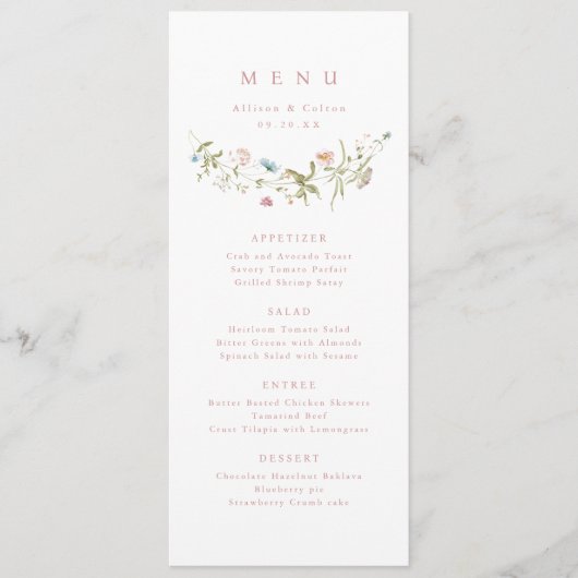 Elegant Dusty Pink Wildblume Rustic Boho Wedding Menükarte (Vorderseite)