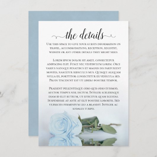 Elegant Dusty Powder Blue Rose Hochzeitdetails Begleitkarte (Vorne/Hinten)
