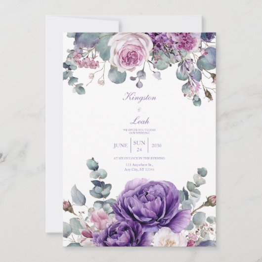 Elegant Dusty Purple Peony Eucalyptus Gold Einladung (Vorderseite)