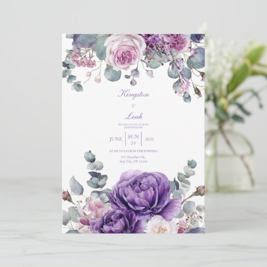 Elegant Dusty Purple Peony Eucalyptus Gold Einladung (Stehend Vorderseite)