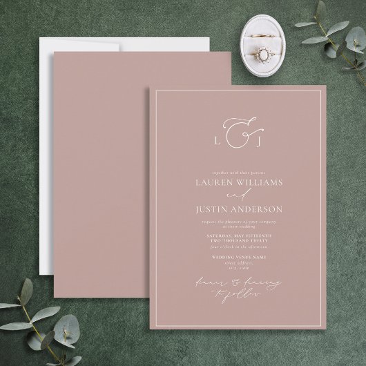 Elegant Dusty Rose Calligraphy Monogram Wedding Einladung