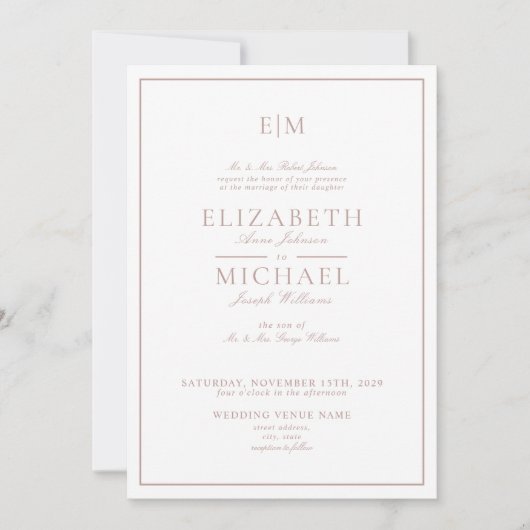 Elegant Dusty Rose Classic Script Monogram Wedding Einladung (Vorderseite)