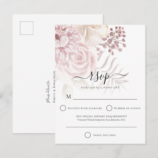 Elegant Dusty Rose Florals Wedding RSVP Einladungspostkarte (Vorne/Hinten)