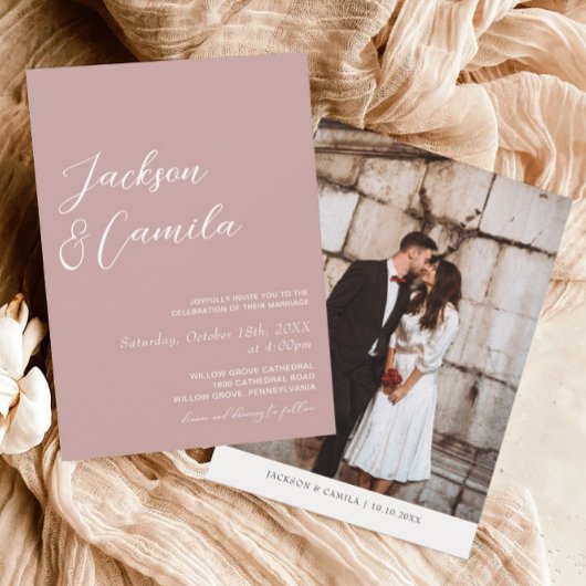 Elegant Dusty Rose Foto Wedding Einladung
