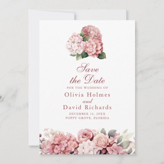 Elegant Dusty Rose Hydrangea Wedding Save The Date (Vorderseite)