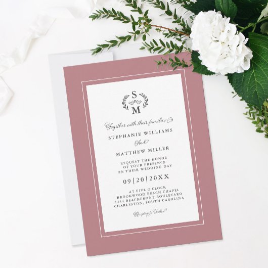 Elegant Dusty Rose Initials Calligraphy Wedding Einladung
