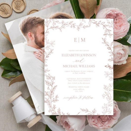 Elegant Dusty Rose Leaf Foto Monogram Wedding Einladung