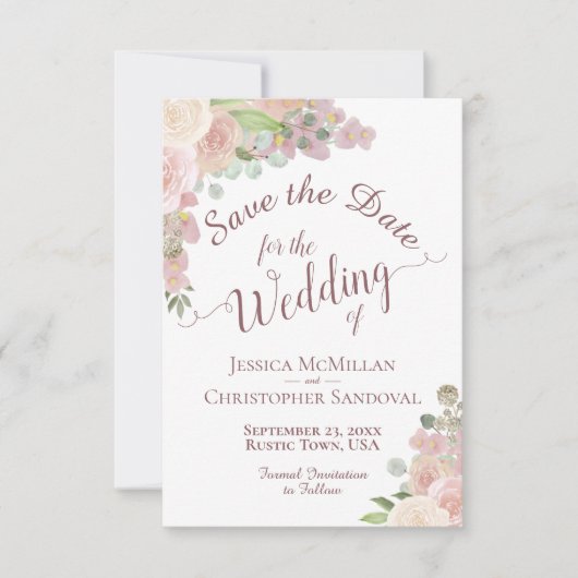 Elegant Dusty Rose Pink Floral Boho Hochzeit Save The Date (Vorderseite)