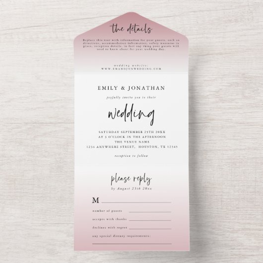 Elegant Dusty Rose Script Wedding All In One Einladung (Innen Boden)