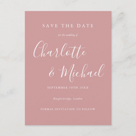 Elegant Dusty Rose Script Wedding Save the Date Postkarte (Vorderseite)