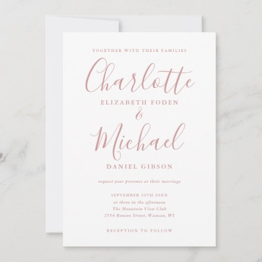 Elegant Dusty Rose Signature Script Hochzeit Einladung (Vorderseite)