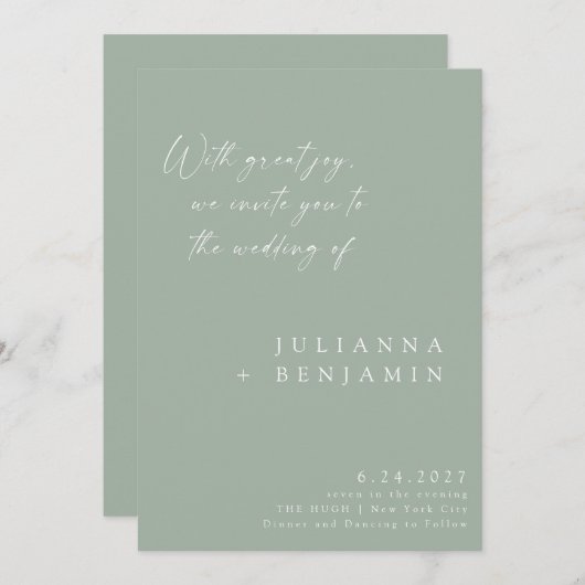 Elegant Dusty Sage Minimalistisch Chic Script Wedd Einladung (Vorne/Hinten)