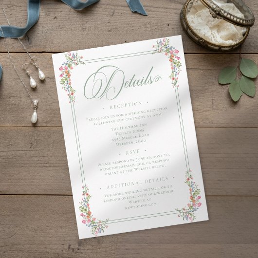 Elegant Dusty Sage Pastel Wildflower Crest Wedding Begleitkarte
