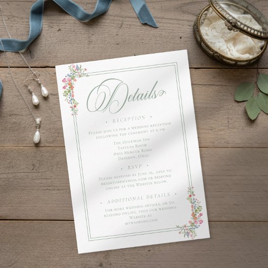Elegant Dusty Sage Pastel Wildflower Crest Wedding Begleitkarte