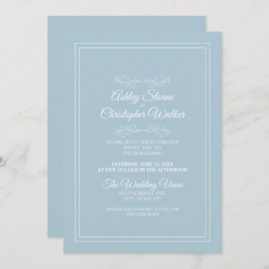 Elegant Dusty Sky Blue White Wedding Einladung (Vorne/Hinten)