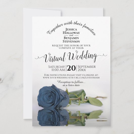Elegant Dusty Steel Blue Rose Virtual Wedding Einladung (Vorderseite)
