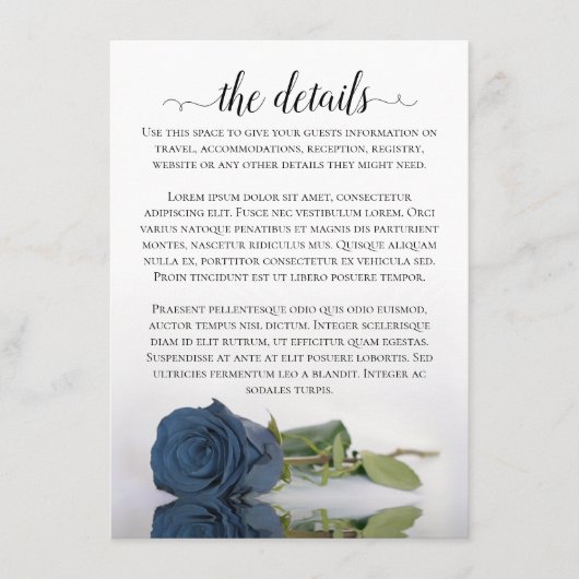 Elegant Dusty Steel Blue Rose Wedding Details Begleitkarte (Vorderseite)
