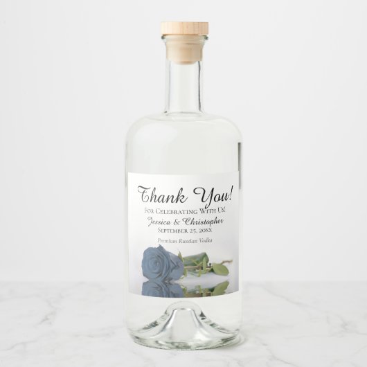 Elegant Dusty Steel Blue Rose Wedding Vielen Dank Alkoholflaschenetikett (Vorderseite)