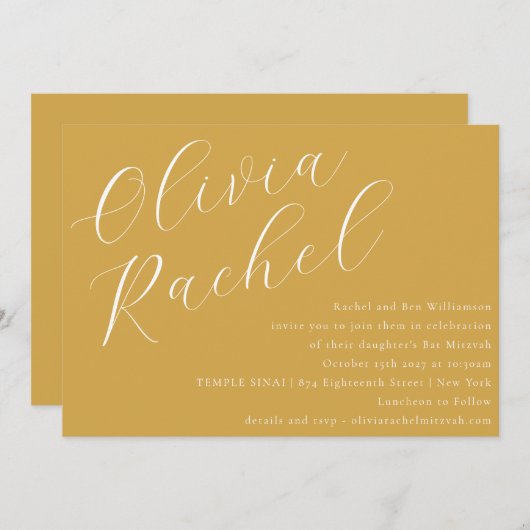 Elegant Dusty Yellow Script Minimal Bat Mitzvah Einladung (Vorne/Hinten)