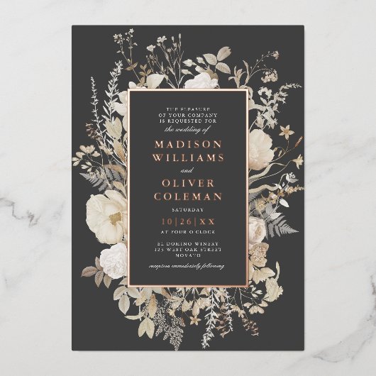 Elegant Earthy Floral Dark Gray Moody Wedding REAL Folieneinladung (Vorderseite)