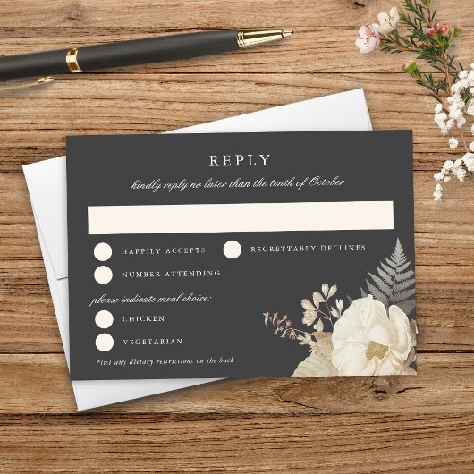 Elegant Earthy Floral Dark Gray Wedding RSVP