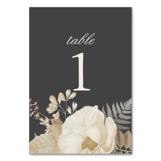 Elegant Earthy Floral Dark Grey Moody Wedding Tischnummer (Rückseite)