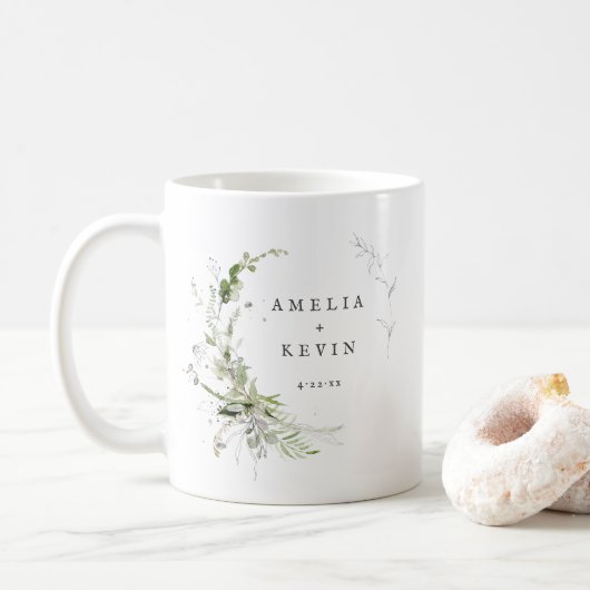 Elegant Earthy Greenery Personalisiert Names Date Kaffeetasse (Mit Donut)