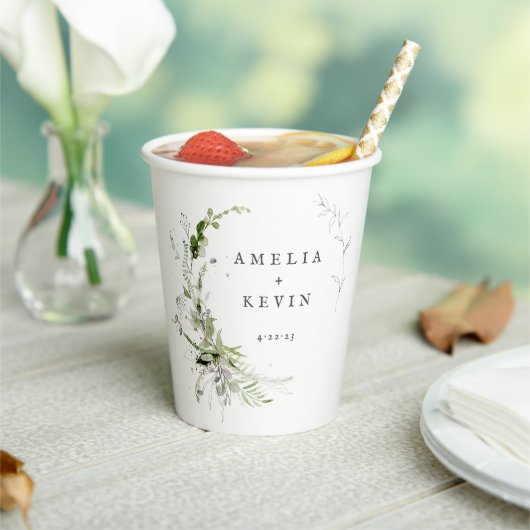 Elegant Earthy Greenery Personalisiert Names Date Pappbecher (In Situ)